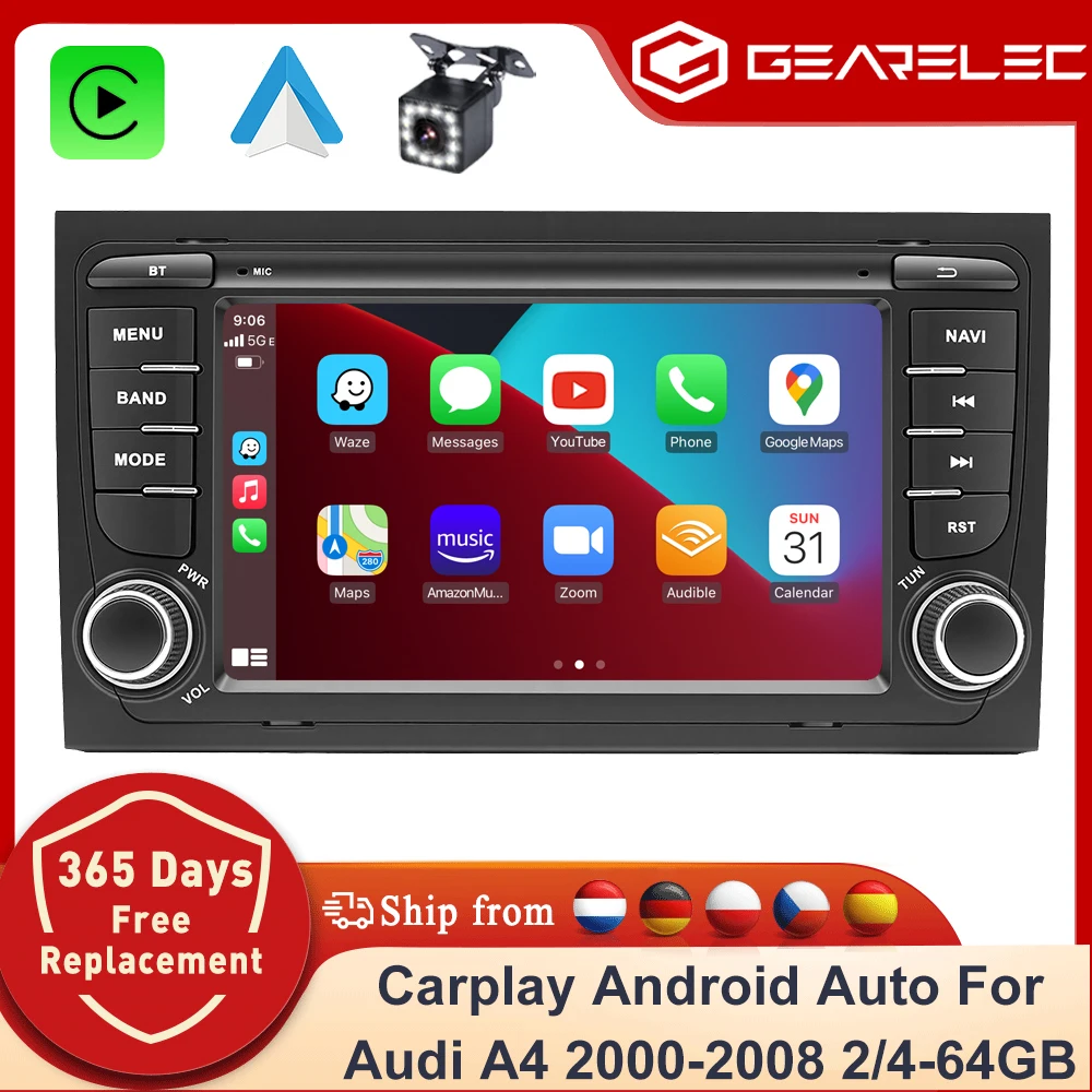 GEARELEC Android 14 Autoradio für Audi A4 2000-2008 7 " Kabelloses CarPlay Auto-Multimediaplayer Android Auto Autoradio GPS Stereo