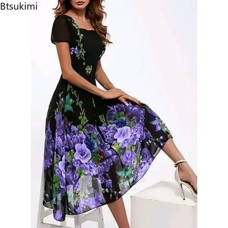 2026 Women\'s Summer Casual Dress Floral Print Square Neck Ladies\' Evening Party Dress Vintage Long Dress Female A-Line Vestidos