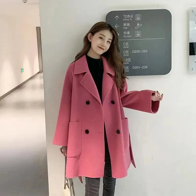 

Women Woolen Jacket 2023 New Autumn Winter Korean Loose Solid Mid Long Double-Breasted Coat Female Casual Outerwear Ladies Tops