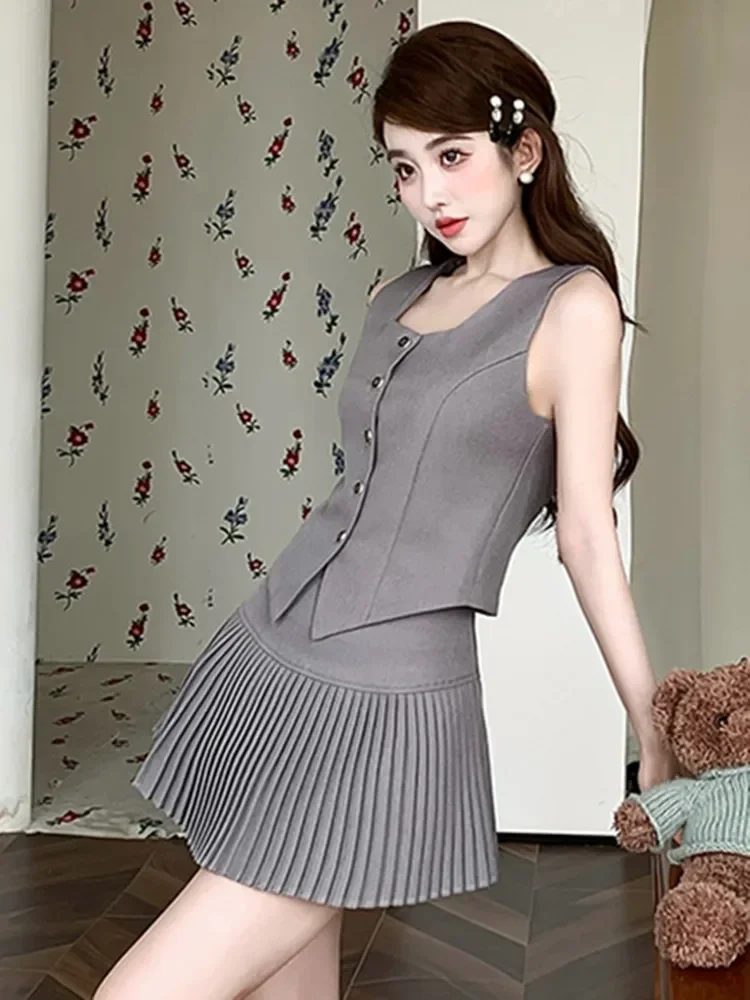 New Korean Fashion Two Piece Set Women Square Collar Sleeveless Vest Top + Hig Waist Pleated Skirts Women\'s Suit Y2k