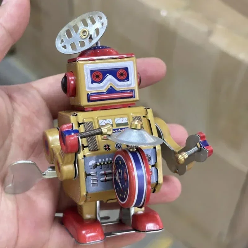 

Metal Tin Drum Beating Robot Fun Clockwork Toys Metal Tin Walking Robot Mechanical Toy Wind Up Toy Gift