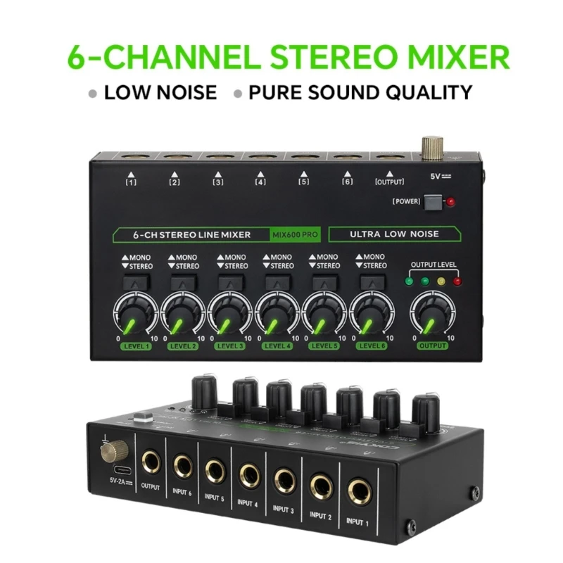 CG 6 Channel Sound Mixer Low Noise LED Sound Mixer for Sub-Mixing Stereo Switcher Suitable for Guitars Keyboards