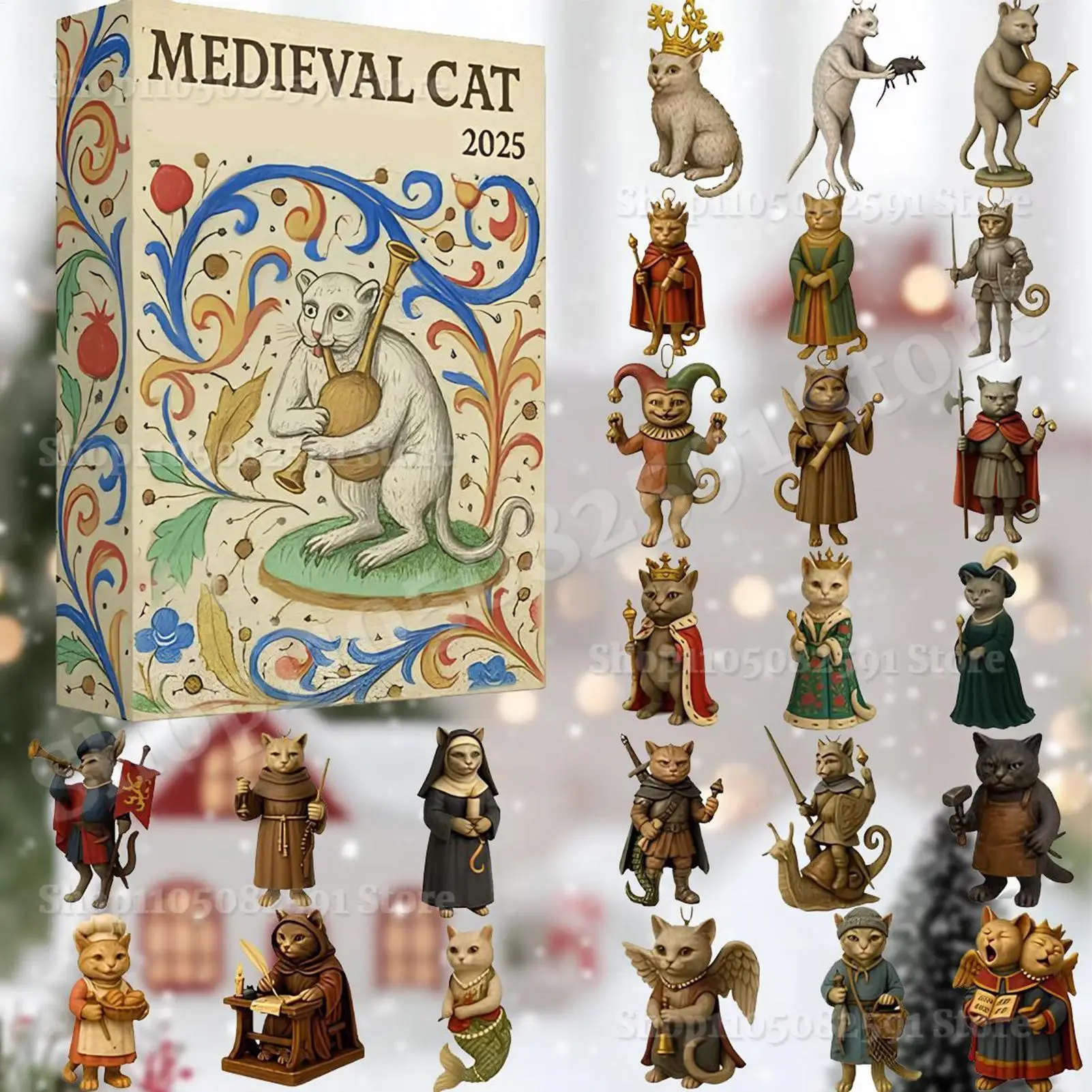 

Christmas 2D Cat Advent Calendar 24 Day Medieval Theme Flat Toy Countdown Calendar Christmas Tree Cat Pendants Christmas Gift