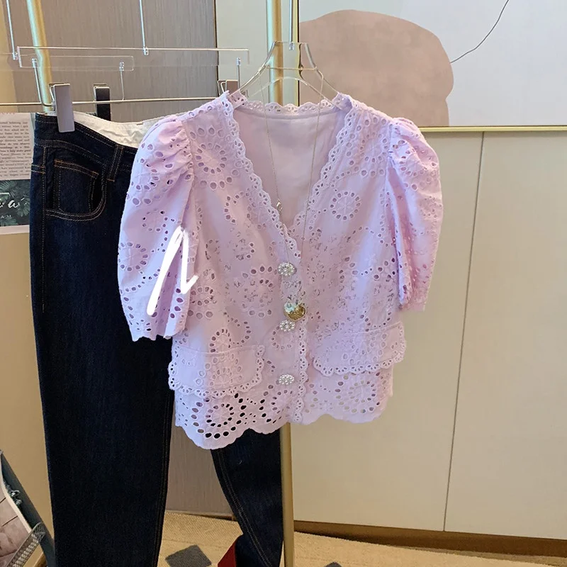 

Sandro Mae Purple V-ne Bubble Sve irt Женская летняя новая милая мягкая кружевная блузка для поездок на работу Sle ort Sve Button up