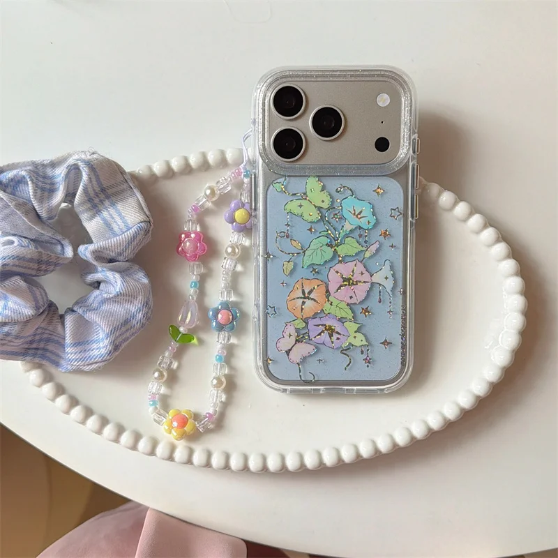 

Light Blue Morning Glory Glitter Phone Case For iPhone 17 16 15 14 Pro Max Colorful Floral Beaded Wrist Strap Protective Cover
