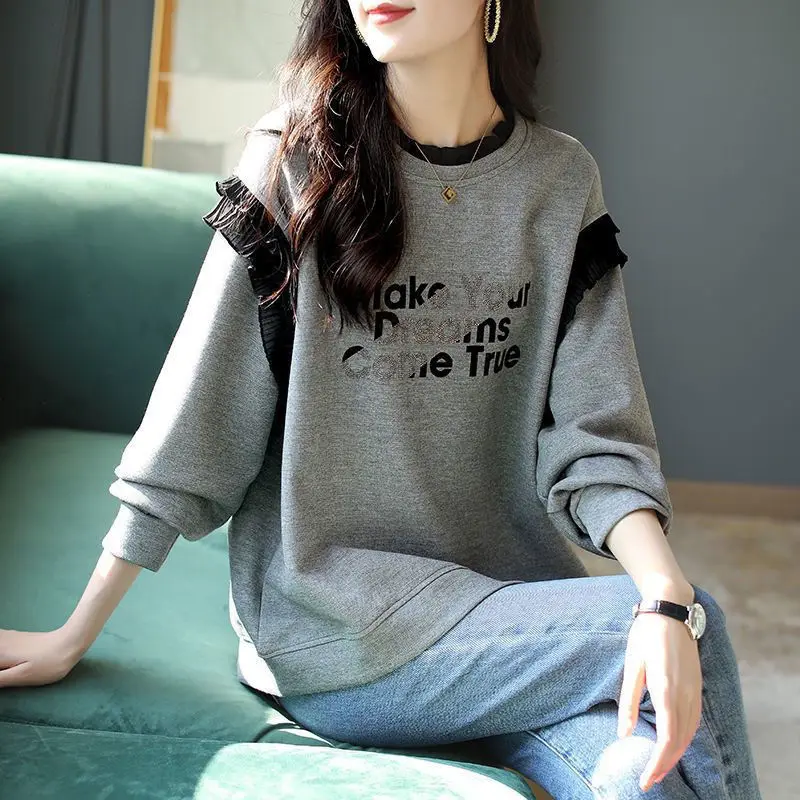 Wood Ear Edge Letter Autumn New Hot Diamond Top 2023 Loose Classic Fashion All-match Slim Casual Grey Sweatshirts Women