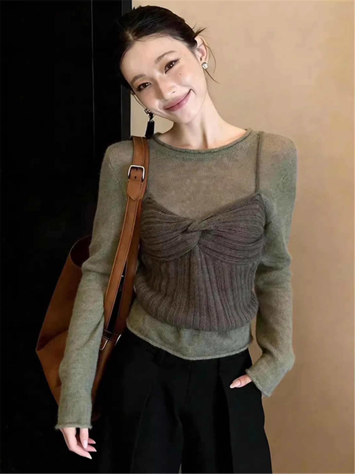

Korean Style round Neck Knitted Set Women's Spring 2026 New Long Sleeve Underwear Top And Vest Layering Ensemble