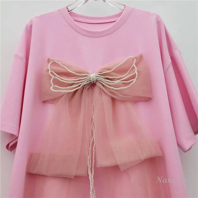 โบว์ตาข่ายSplicingเสื้อยืดแขนสั้นผู้หญิง 2025 ฤดูร้อนใหม่เกาหลีรุ่นหลวมยาวขนาดใหญ่Tshirt