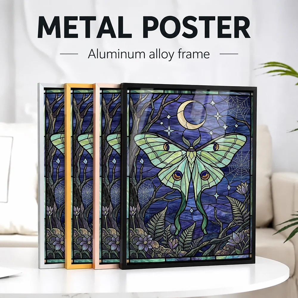 Stained Glass Luna Moth And Moon Framed Aluminum Metal Poster Customized Photo Astronomy Visual Style Wall Art For Living Room