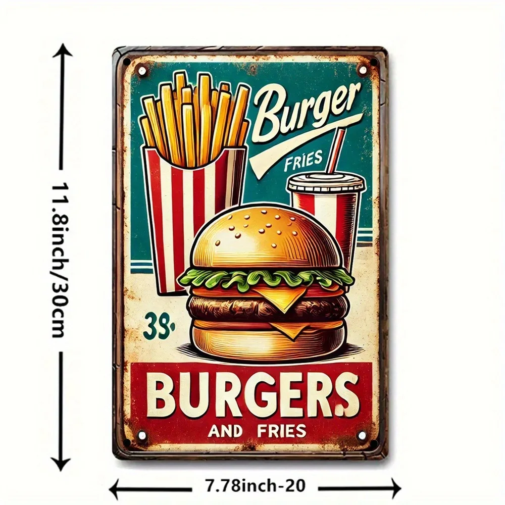 Aluminum Metal Sign Vintage Diner Plaque, Retro Burger Fries Soda Fast Food Print Vintage Old Distressed Cafe Wall Ornament