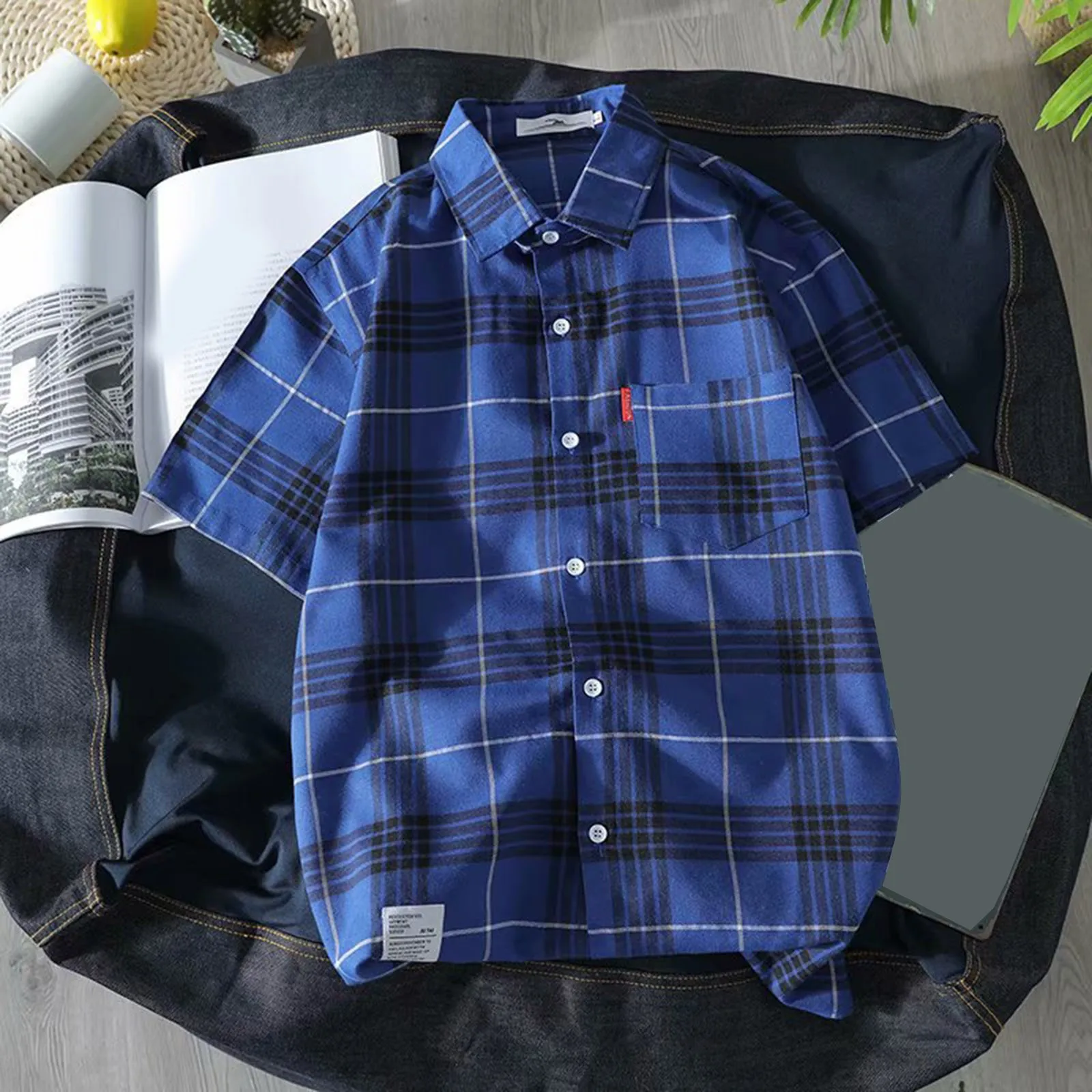 

Men's Plaid Shirts Vintage Cotton Checked Shirt Summer Casual Button Up Tops Short Sleeve Lapel Men Blouses Versatile Streetwear