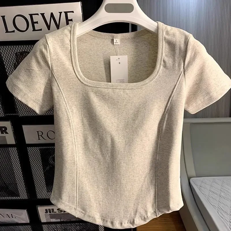 Crop Tops for Women Square Neck T-Shirt Sexy Top Korean Dongdaemun 2024 Short Sleeve Clothes Summer Women's Streetwear Casual