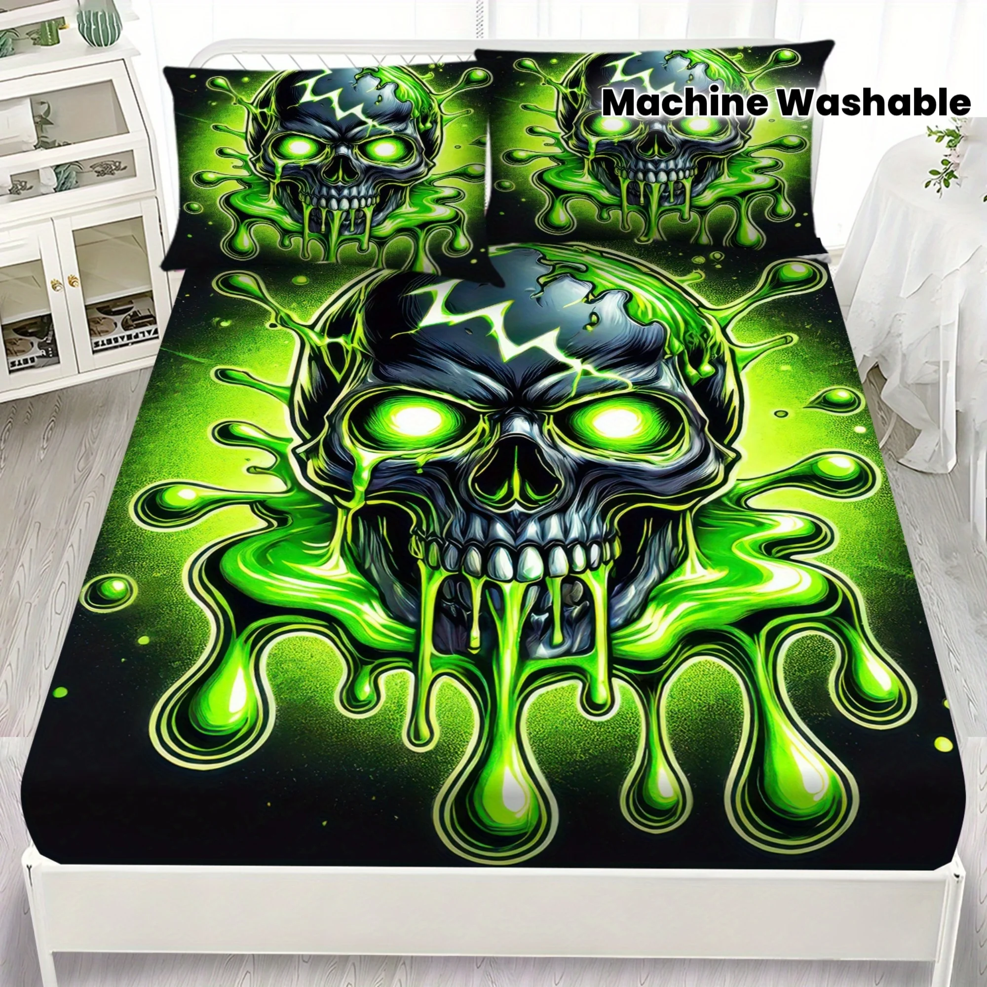 Green Slime Skull Bedding Set 3D Print Duvet Cover Pillowcase Set Soft And Durable Fabric For Teens Bedroom Decor