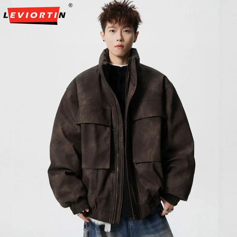 Men's PU Leather Motorcycle Down Jacket Streetwear Winter White Duck Down Filled Thickened Insulated Relaxed Fit Outerwear Coats