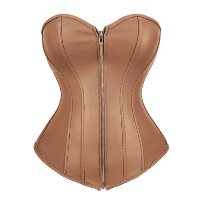 Women Faux Leather Corset Sexy Clubwear Bustier Overbust Women Zipper Waist Trainer Bustier Vintage Corselet Waist Cincher Top