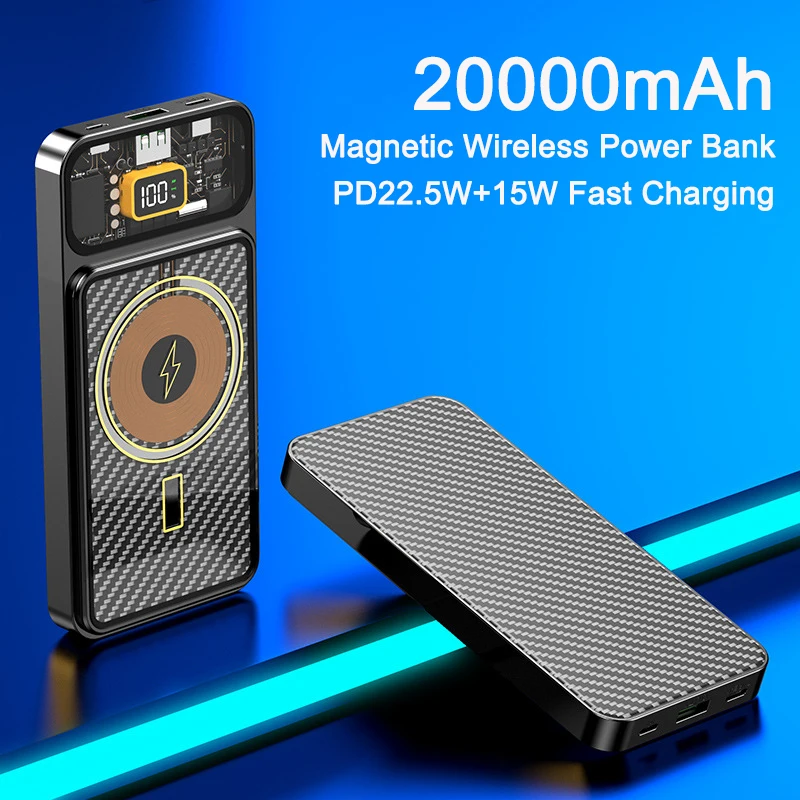 

20000mAh Transparent Magnetic Power Bank 22.5W 15W Fast Charging Wireless Powerbank External Battery for iPhone 14 Xiaomi Huawei