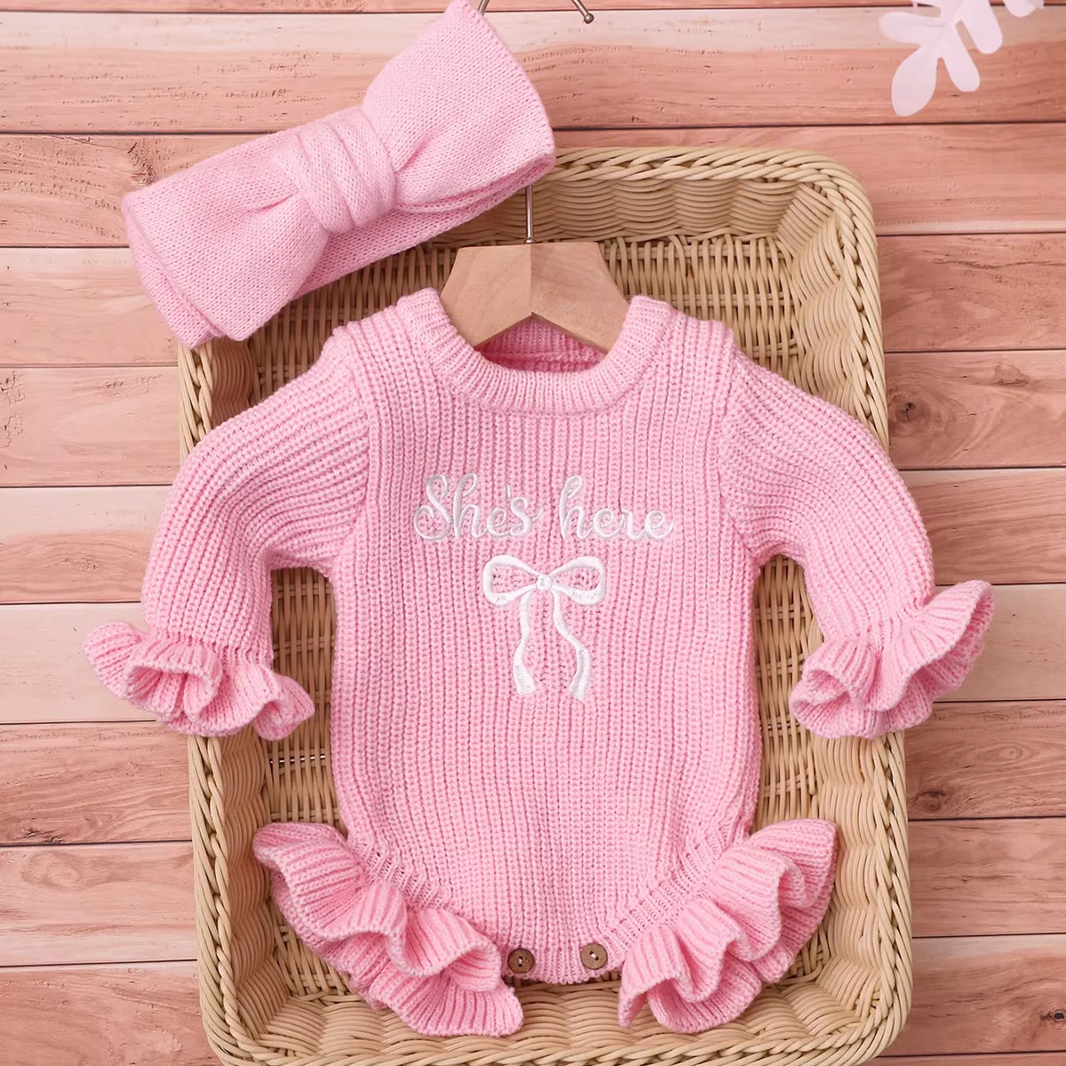 2-delige set gebreide pasgeboren fotografie-outfits met strik hoofdband boog borduurwerk babymeisje ruche romper baby breien trui