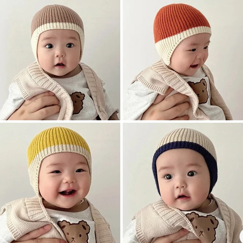 

ins Korean Kids Earmuffs Cap Retro Color Blocked Knitted Ear Protection Hat Winter Warm Children Woolen Caps 6-36M Baby Beanies