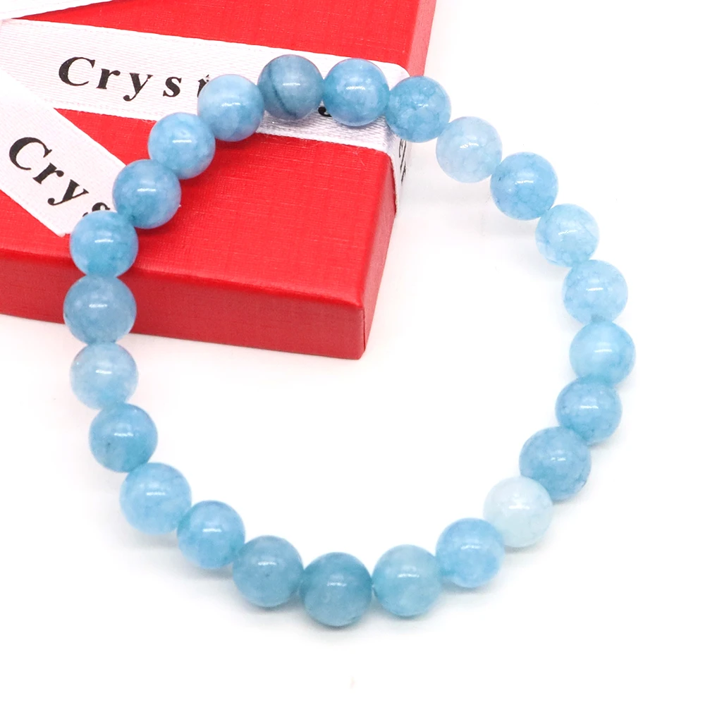 Fashion Natural Aquamarine Quartz Bracelet Men and Women Yoga Meditation Charm Jewelry Healing Elastic Rope Couple Bead 6/8/10mm