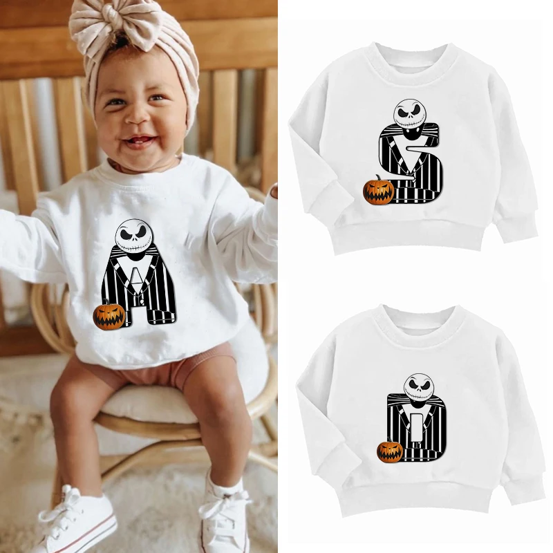 Jack Skellington Children Sweatshirts Letter A B C Pullover Anime Cartoons Casual Clothes for Girls Boys Kid Cotton Kawaii Tops