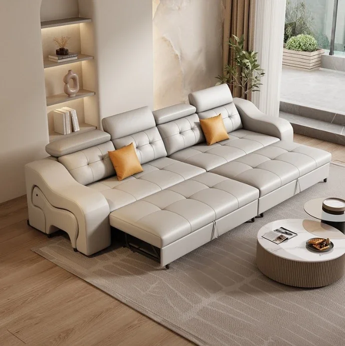 Port Pull Out Sofa  Couch L Shape Sectional Sofa Cum Bed With Storage Chaise Convertible Leather Sofabed