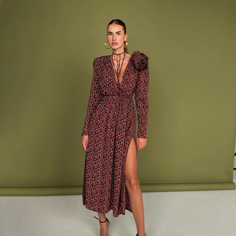 

Women's Early Spring New Floral Dress Sexy DeepVLong Dress with Tie Collar, Waist Cinch, and Side Slit