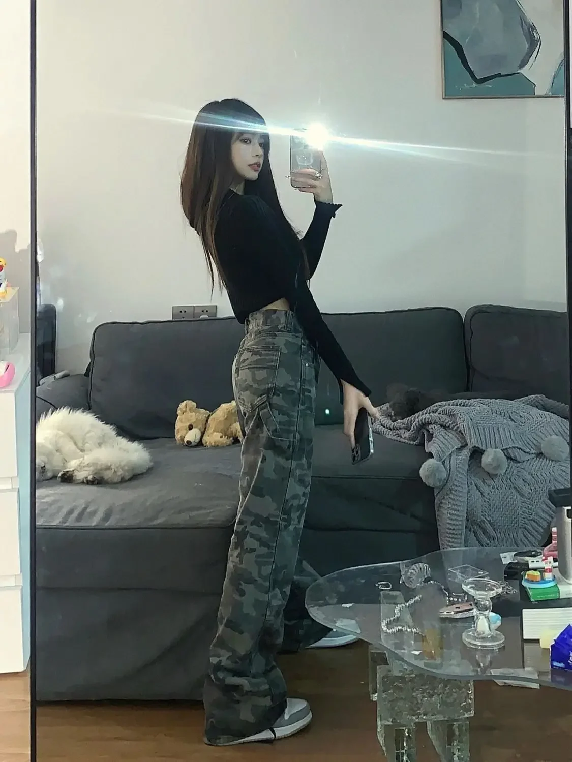Calça jeans casual para trabalho feminino, calça verde de rua alta, cintura alta, perna reta
