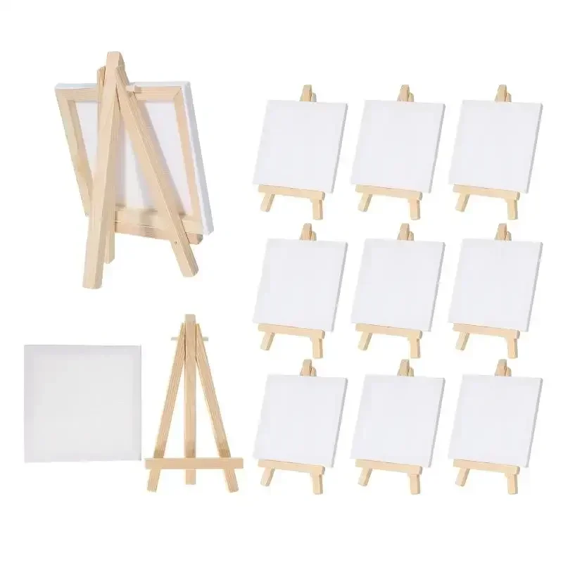 12pçs artistas mini cavalete de 5 polegadas + mini conjunto de tela de 3 polegadas x 3 polegadas pintura infantil artesanato desenho diy cavaletes de mesa pequenos para escola