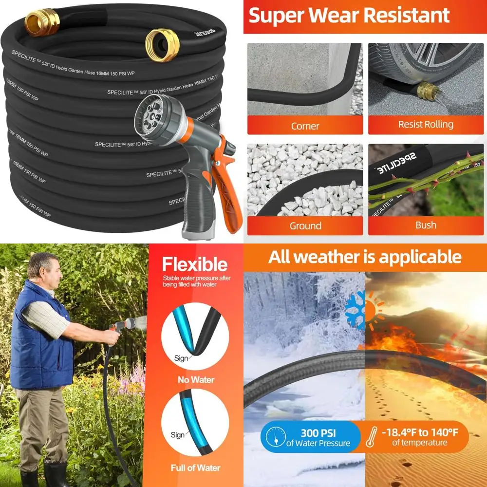 

Сверхмощный 100-футовый гибкий садовый шланг 5/8 дюйма с выпуклым давлением на 600 фунтов на квадратный дюйм, устойчивая к ударам гибридная резиновая труба для наружного использования
