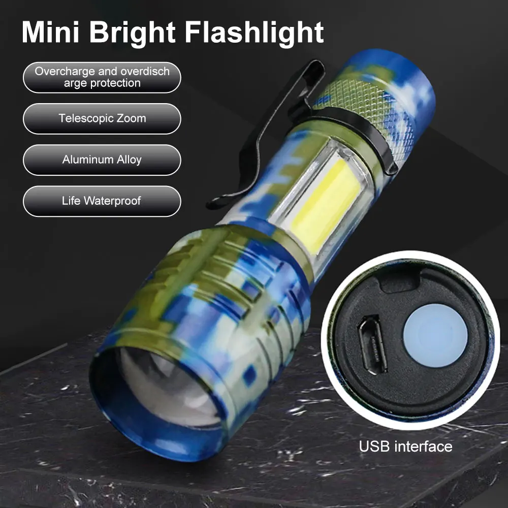 LED Flashlight High Power USB Rechargeable Torch Ultra Light with COB Side Light Portable Hiking Camping LED Flashlight