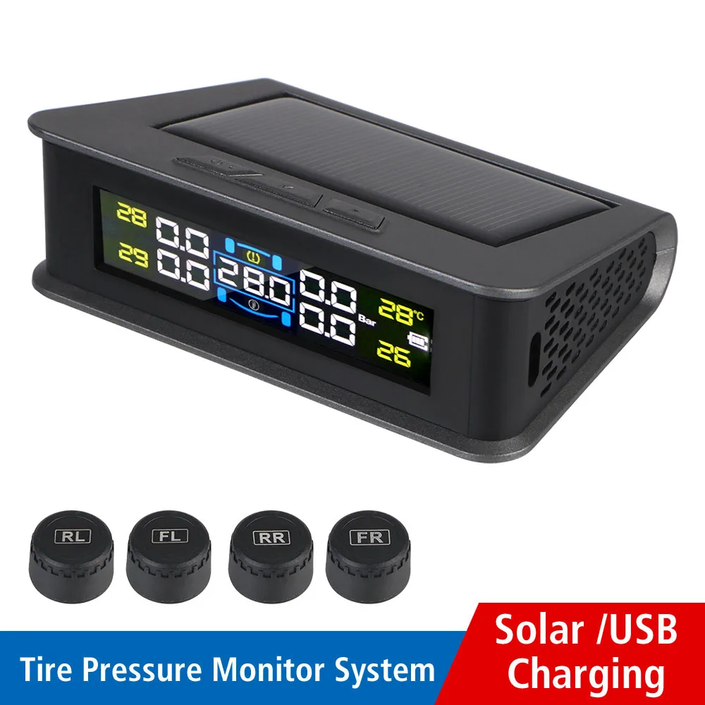 Tire Pressure Monitoring System Car TPMS Solar/USB Powered Auto Security Alarm Systems Digital LCD Display