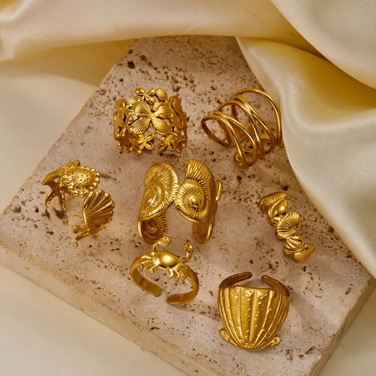 Edelstahlringe mit Muschel-, Krabben- und Blumenmotiven für Damen und Herren, Strand, Schmetterling, geometrischer Ring, Schmuck – Detail 22