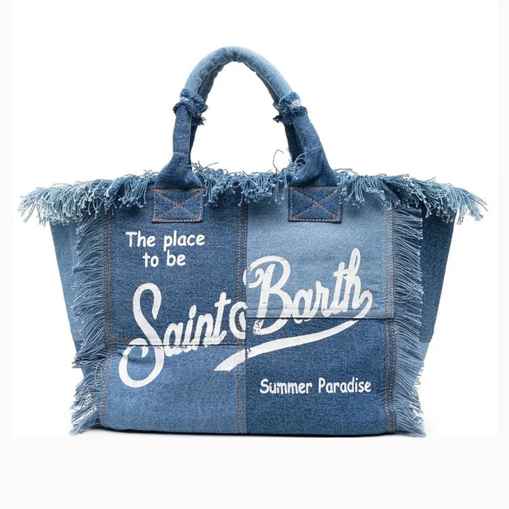 Sacola jeans de alta capacidade para mulheres, bolsa artesanal de borla, moda impressa sacos para viagens, Europa e América, nova