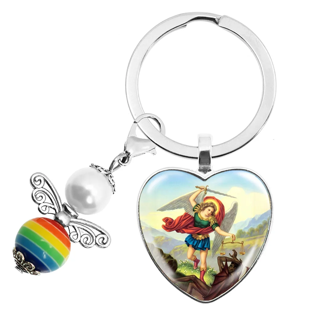 Popular Peach Heart Keychain Archangel St.Michael Protect Me Saint Shield Protection Charm Russian Keyrings Jewelry For Holy