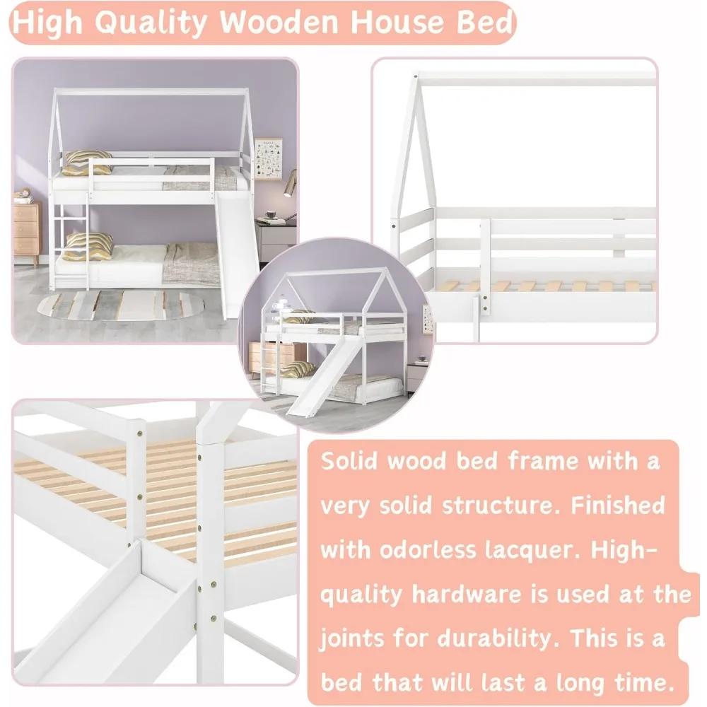 Двухъярусные кровати Harper & Bright Designs для детей, Двухъярусная кровать с деревянным домиком, Двухъярусная кровать Twin Over Twin, Детская двухъярусная кровать с горкой и крышей для девочек B