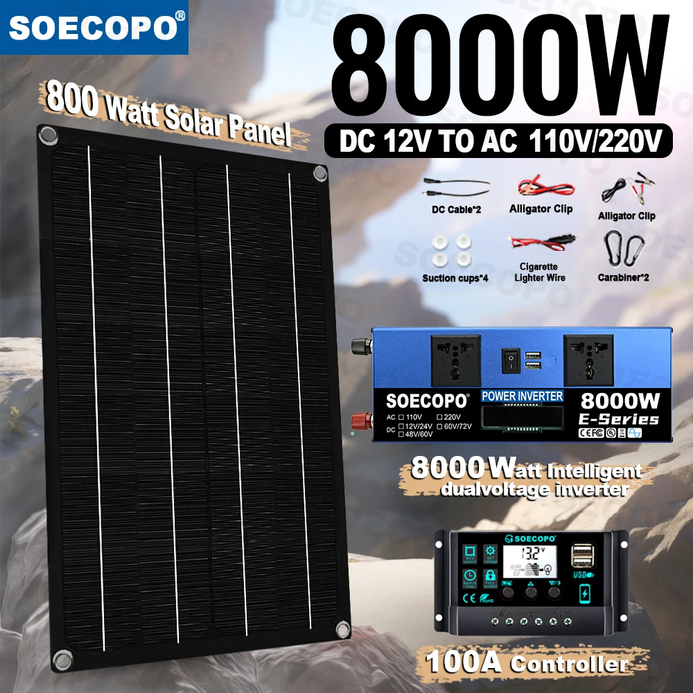 

SOECOPO 8000W Solar System Complete Kit Dual 12V/24V To 110V/220V Inverter 100A Controller 800W Panel for Home/Camping Backup