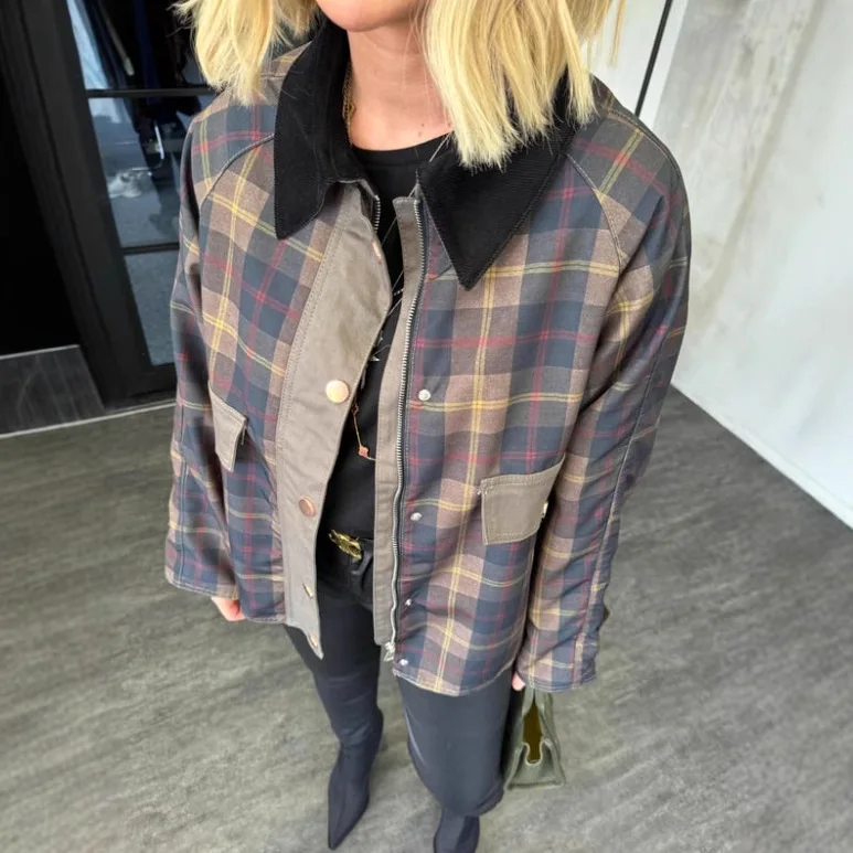 

Casual Plaid Patchwork Women Jacket Full Sleeve Zipper Pocket Female Coat 2024 Autumn Lapel Single Breasted Lady Streetwear