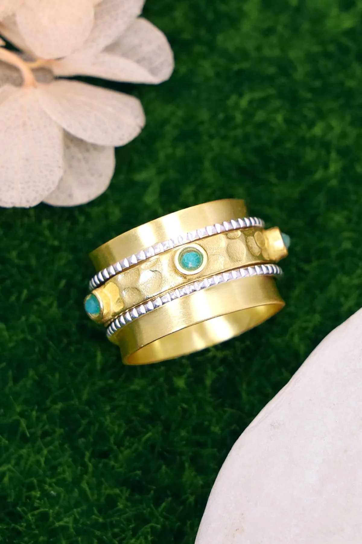 Handmade Amazonite & Two-Tone Hammered Spinner Ring Fashion Spinner Ring for Women