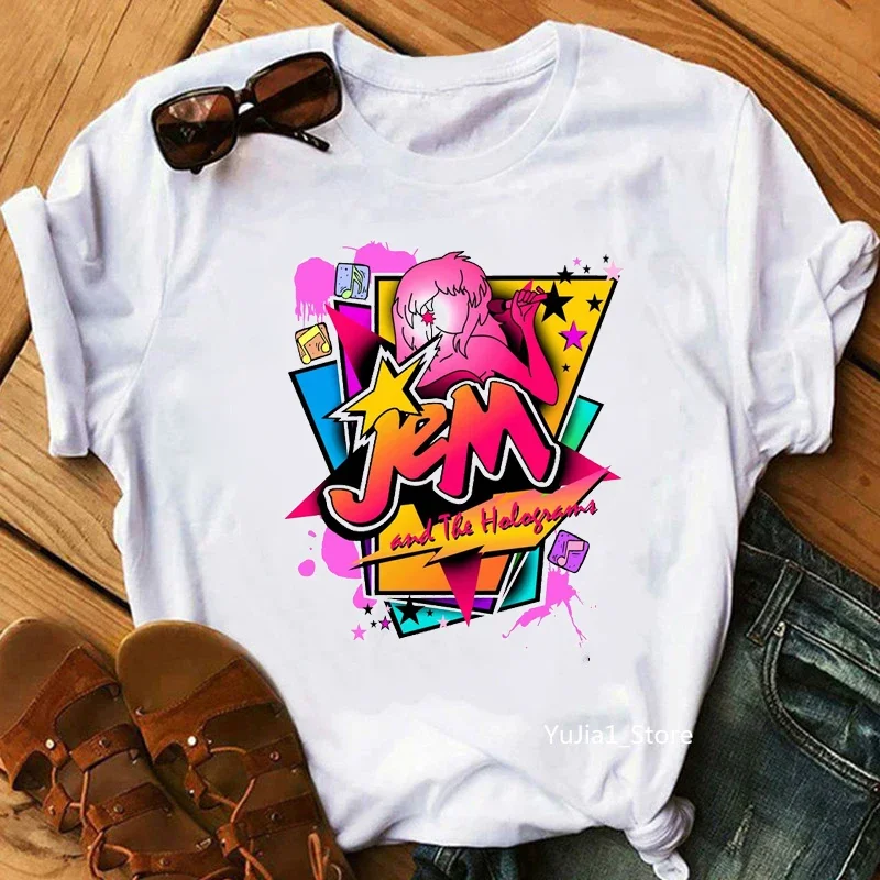 Jem i hologramy T Shirt damska moda Hipster topy hip-hopowe koszulki letnie Streetwear urocze ubrania dla fanów lat 80. 90.