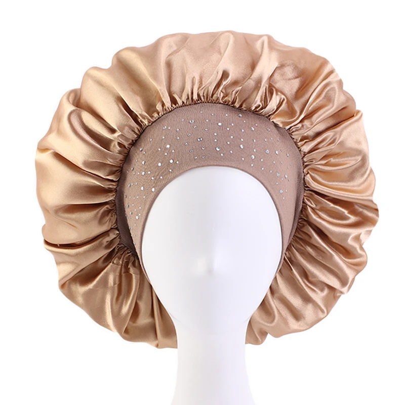 New Women Satin Night Sleep Cap Hair Bonnet Hat reathable Fabric Rhinestone Women Sleeping Hat for Travel Thick Shower Cap