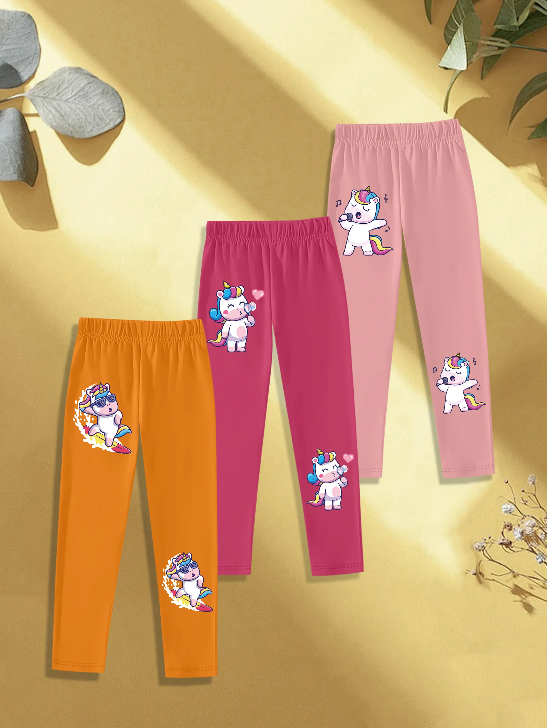 3 pieces: Autumn Girls Leggings Cute Unicorn Surfing Blowing Bubbles Singing Print Sweet Bottoms