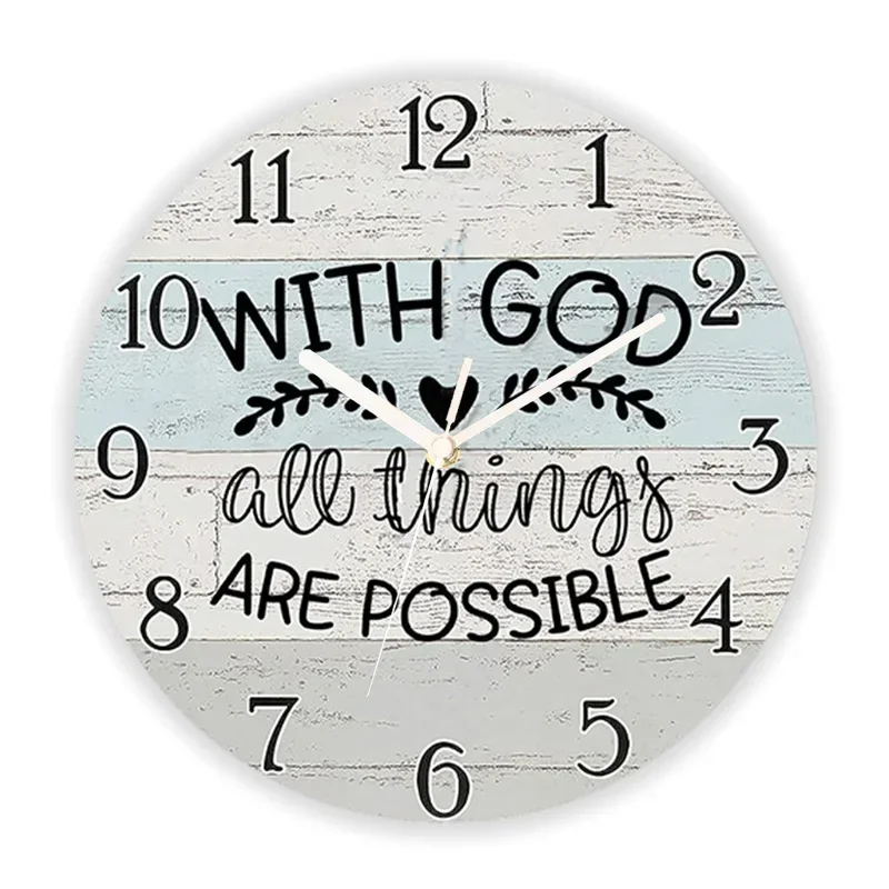 With God All Things Bible Verse Religious Quote Wall Clock Christian Jesus Inspirational Saying Wood Art Wall Watch Home Decor