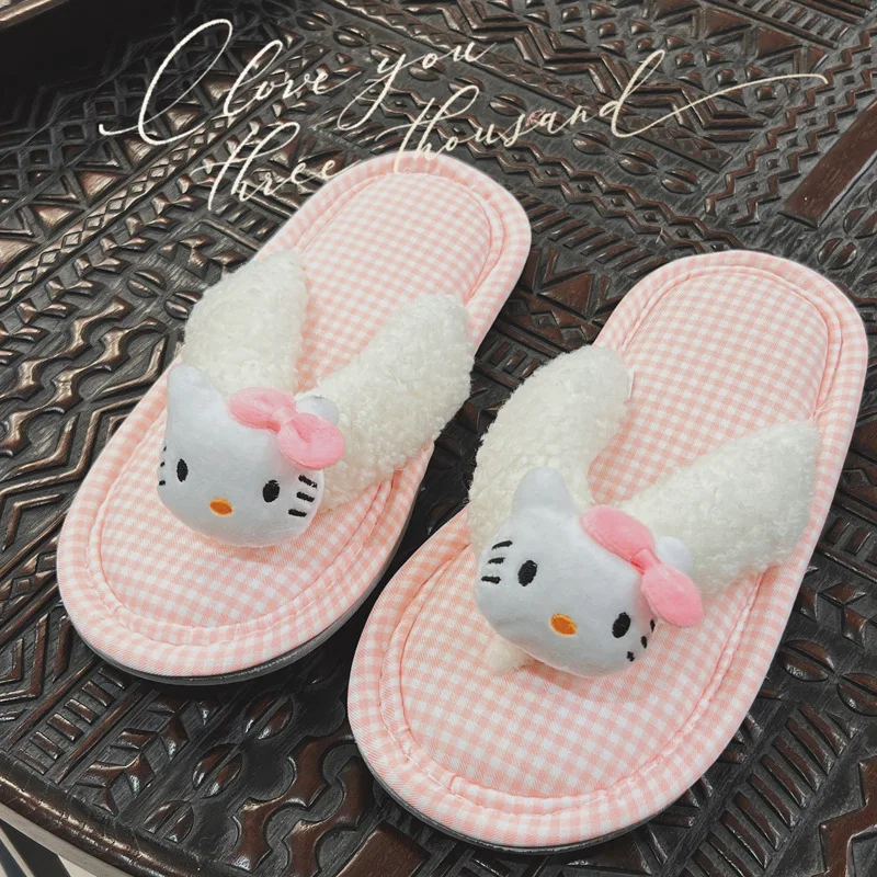 

Sanrio Hello Kitty Plaid Plush Slippers Anime Figuret Cartoon Kawaii Home Indoor Non-Slips Women's Flip-Flops Girl Birthday Gift