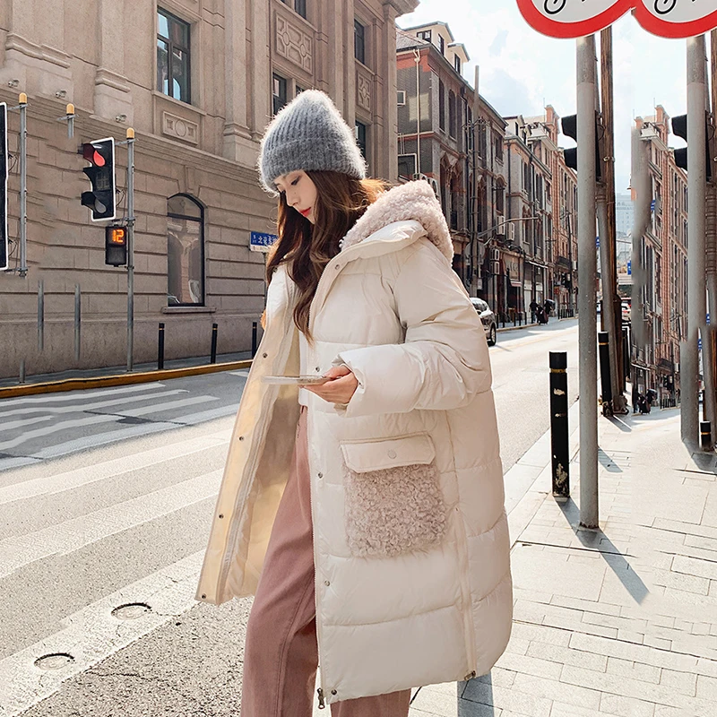 Women\'s Hooded Cotton Jacket Winter Thickened Warm Lamb Wool Splicing Mid-length Cotton-padded Outerwear Ladies Loose Snowsuit