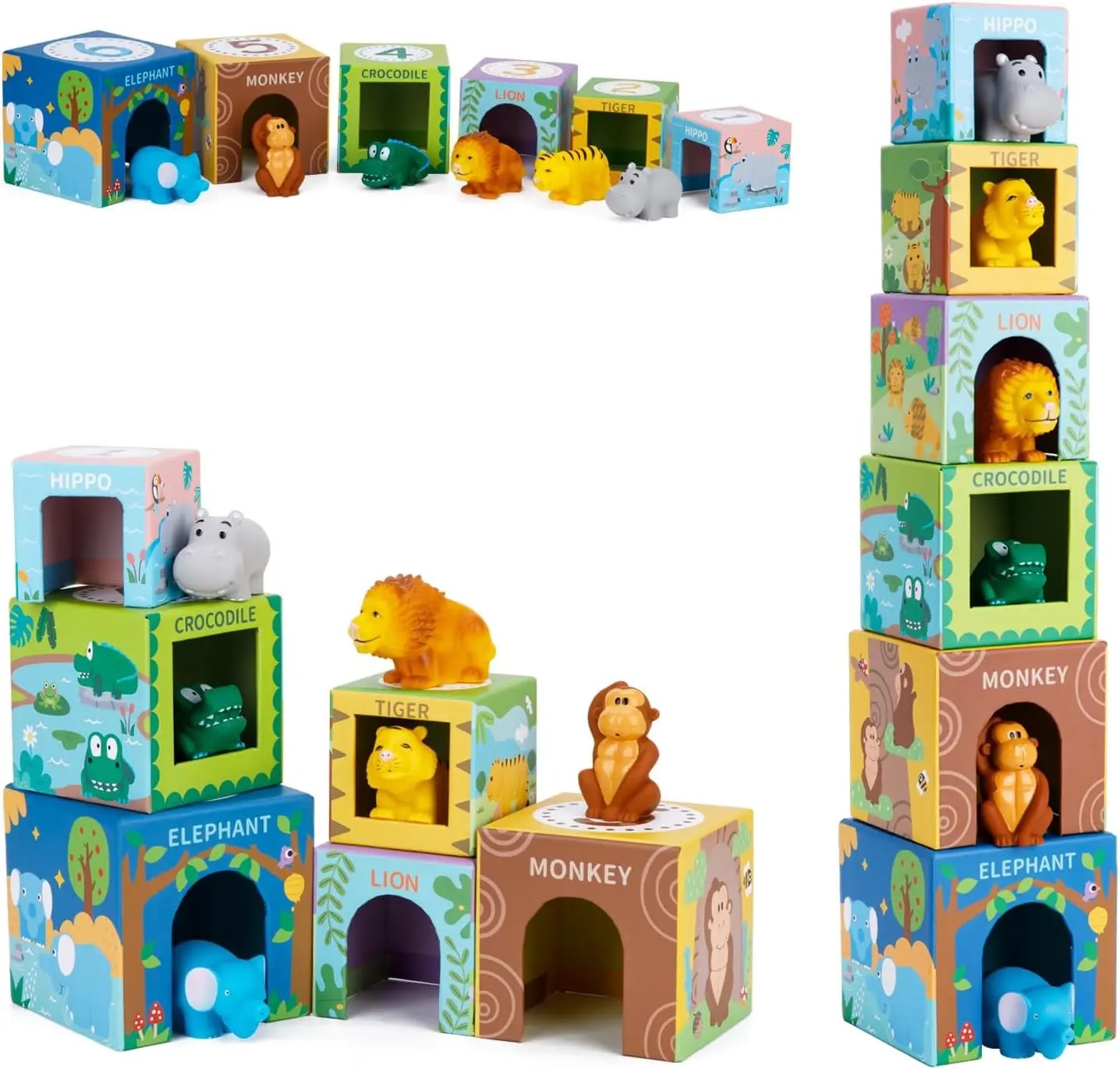 

Soft Safari Animal Stacking Blocks for Toddlers 1-3, Montessori Educational Toys with Numbers and Nesting Boxes