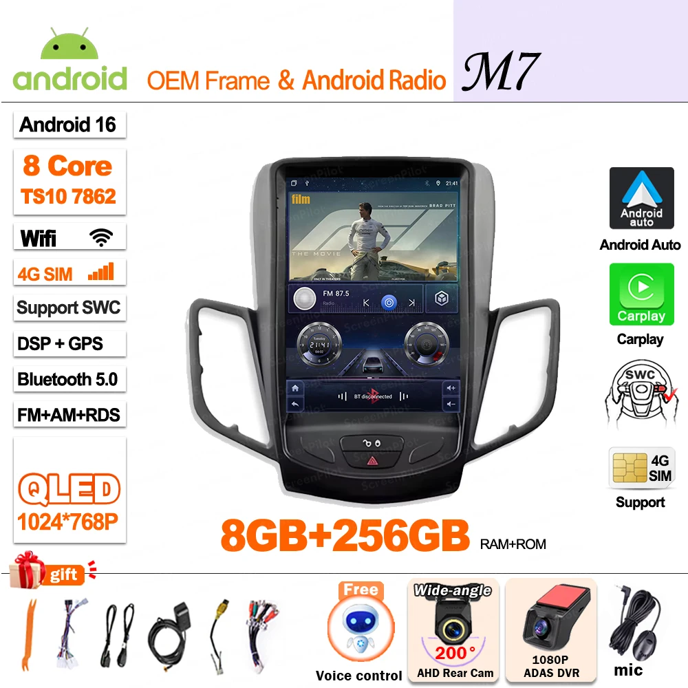 Voor Ford Fiesta MK 7 2009-2014 2015 2016 Android 16 Multimedia Videospeler Mirror Link GPS Navigatie Touchscreen Tesla Stijl - afbeelding 1