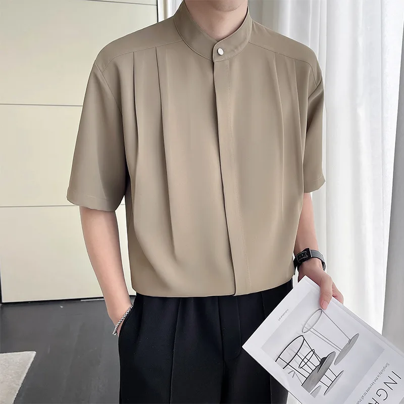 

Stand-up Collar Shirt for Men Short Sleeve Summer Ice Silk Tops Handsome High-Quality Silky Business Formal Shirt Social Casual