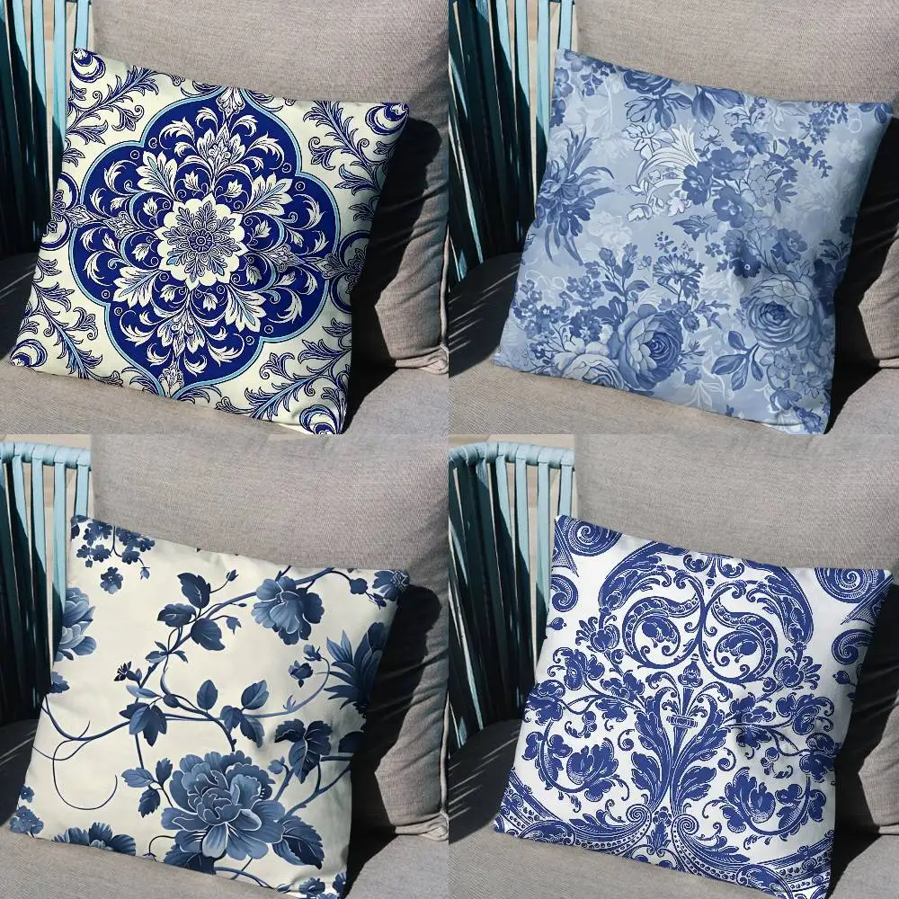 

B-Blue and White Porcelain Pillow Case Sofa Living Room Bedroom Headboard Backrest Cushion Square Cushion Nap Time