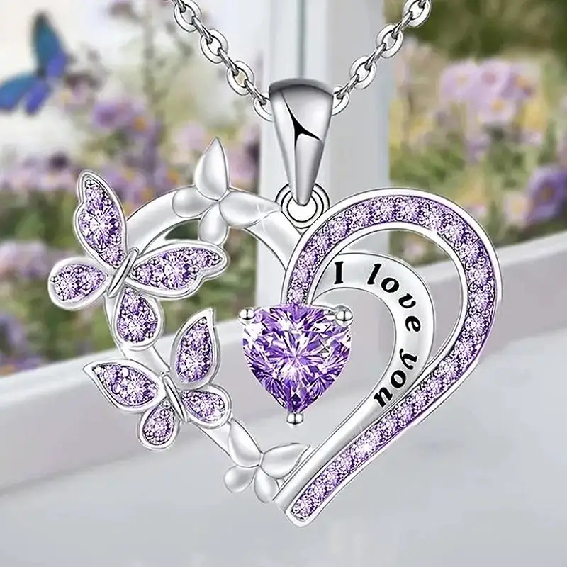 Huitan Ästhetische Herz Schmetterling Frauen Anhänger Halskette mit Lila/Weiß CZ Hochzeit Elegante Trendy Accessoires Party Schmuck