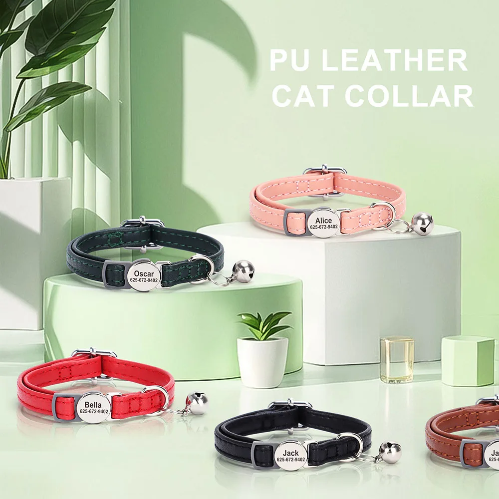 PU Leather Personalized Cat Collar Quick-Release Cats Collars Necklace Free Engraved Pet ID Name Collars Adjustable for Cats